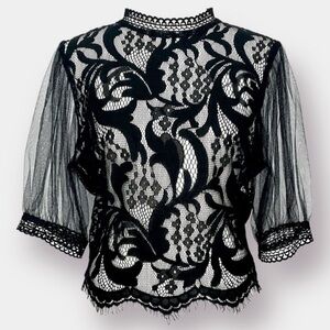 NWT Peach Sheer Lace Black Top Party Evening Size Small